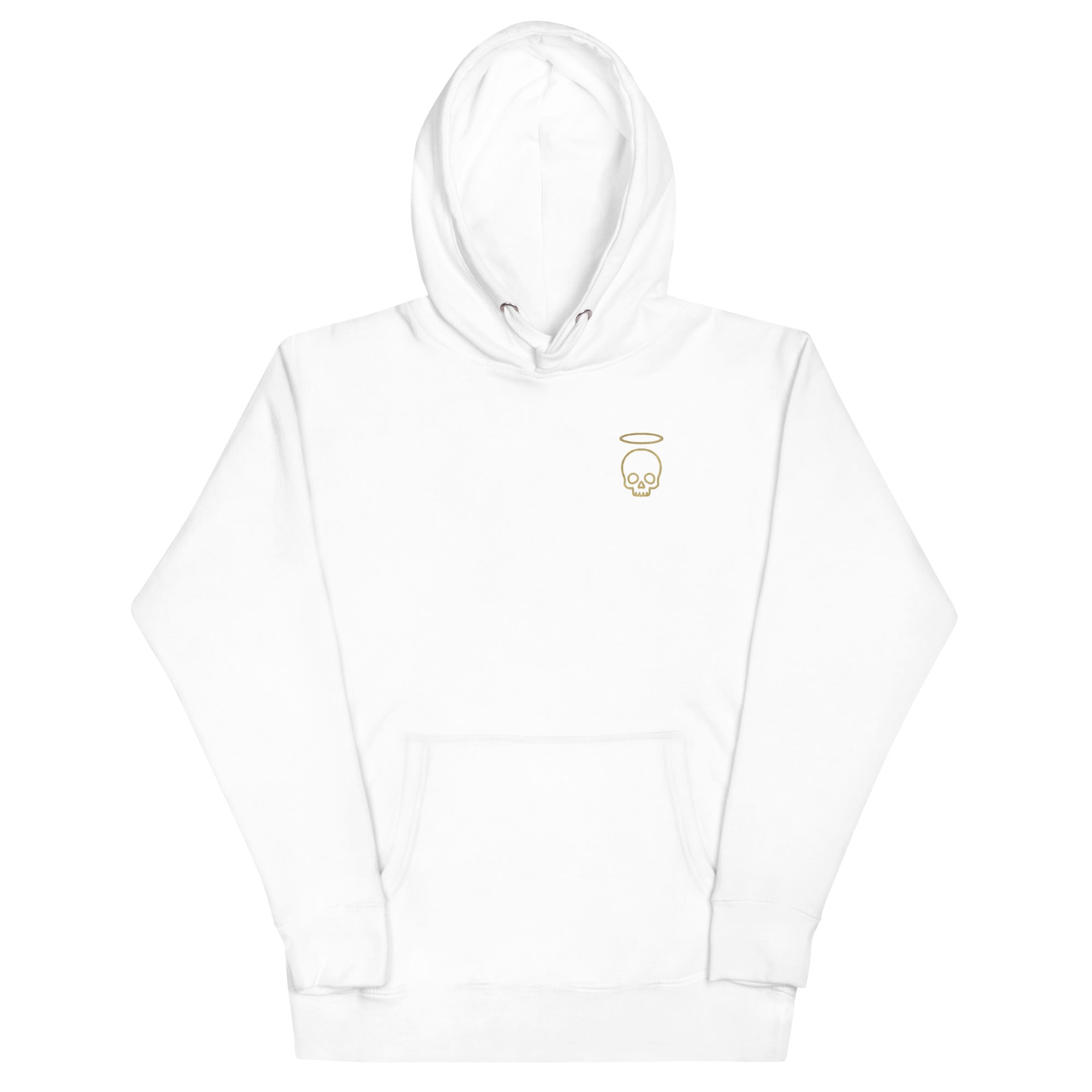 Daily Death Agnus Dei Vincit Hoodie in White — front view with skull and halo emblem, Christian gothic streetwear by Daily Death Gospel Apparel