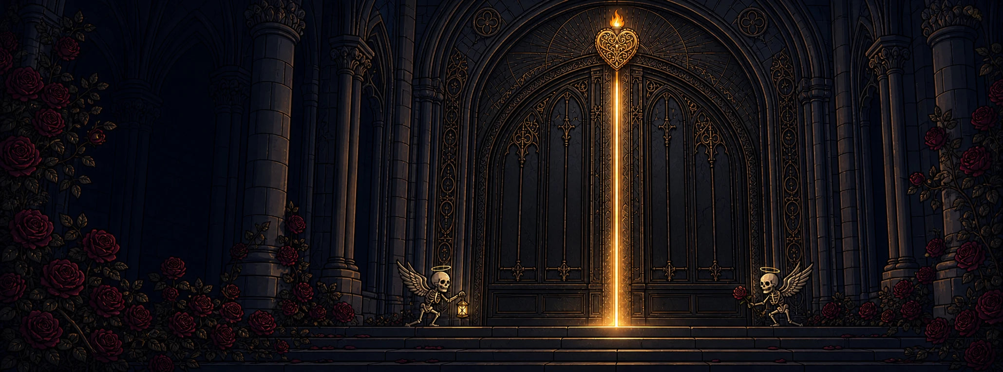 Gothic cathedral doors with a glowing Sacred Heart, roses, and winged skeleton cherubs