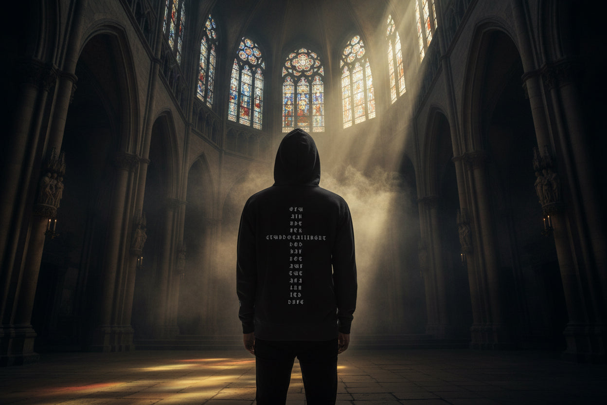 Black Daily Death hoodie worn in cathedral interior