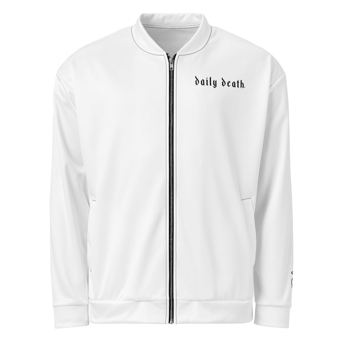 Daily Death white bomber jacket with blackletter wordmark and haloed-skull sleeve detail, front view