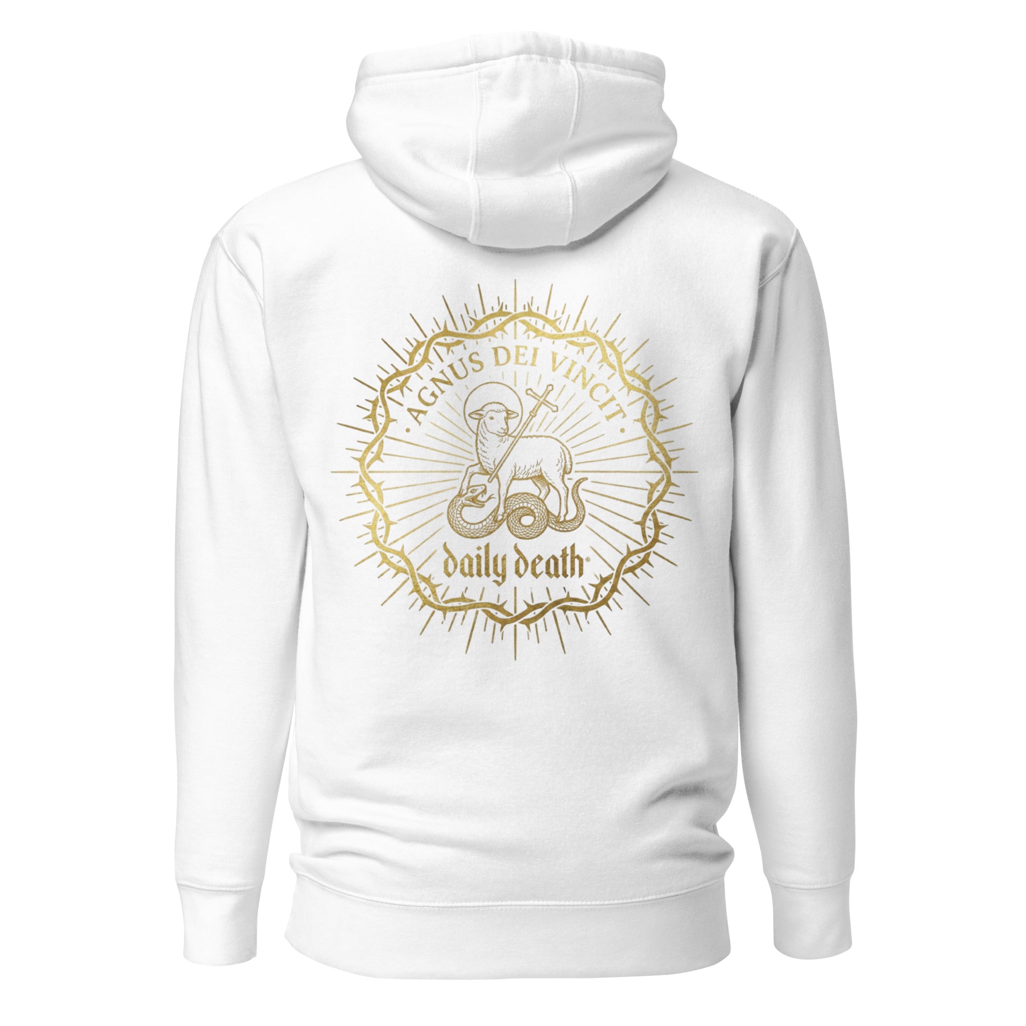 Daily Death Agnus Dei Vincit The Overcomer Hoodie in White — back view with gold design, Christian gothic streetwear by Daily Death Gospel Apparel