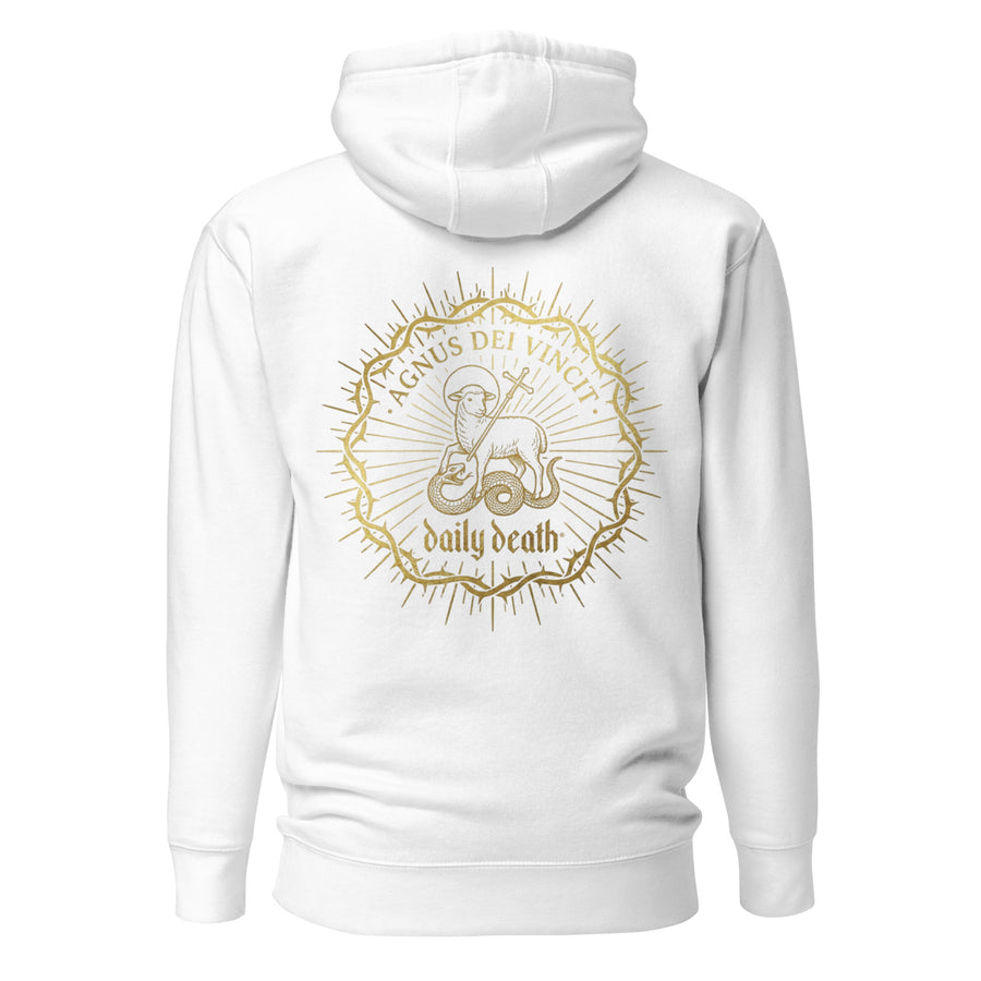 Daily Death Agnus Dei Vincit The Overcomer Hoodie in White — back view with gold design, Christian gothic streetwear by Daily Death Gospel Apparel
