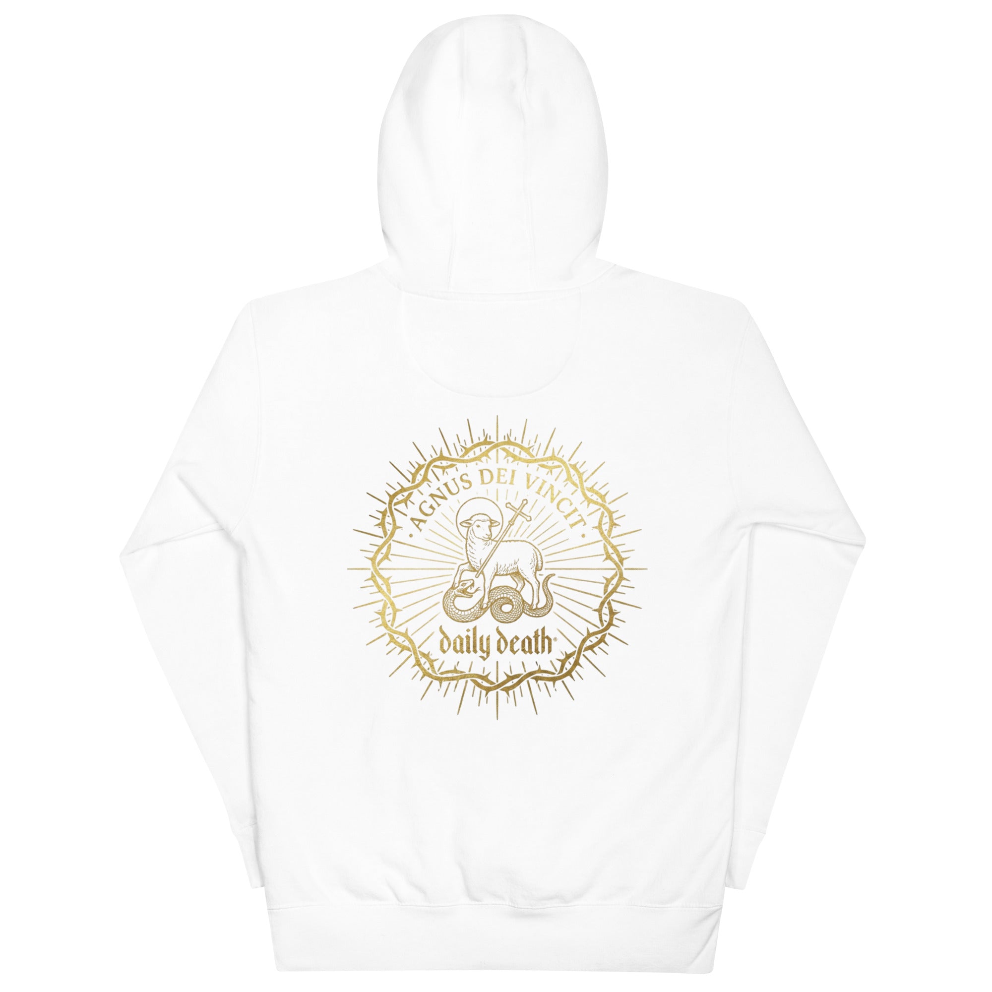 Daily Death Agnus Dei Vincit Hoodie in White — back view with full Lamb of God gold graphic, Christian gothic streetwear by Daily Death Gospel Apparel