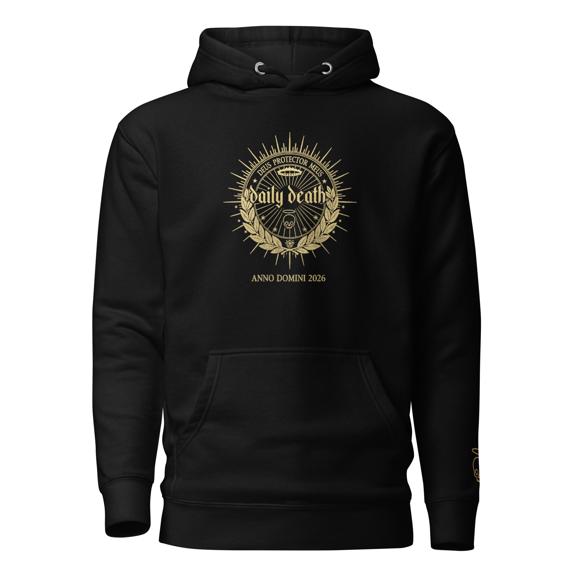 Unisex black pullover hoodie with front pouch pocket and gold crest design