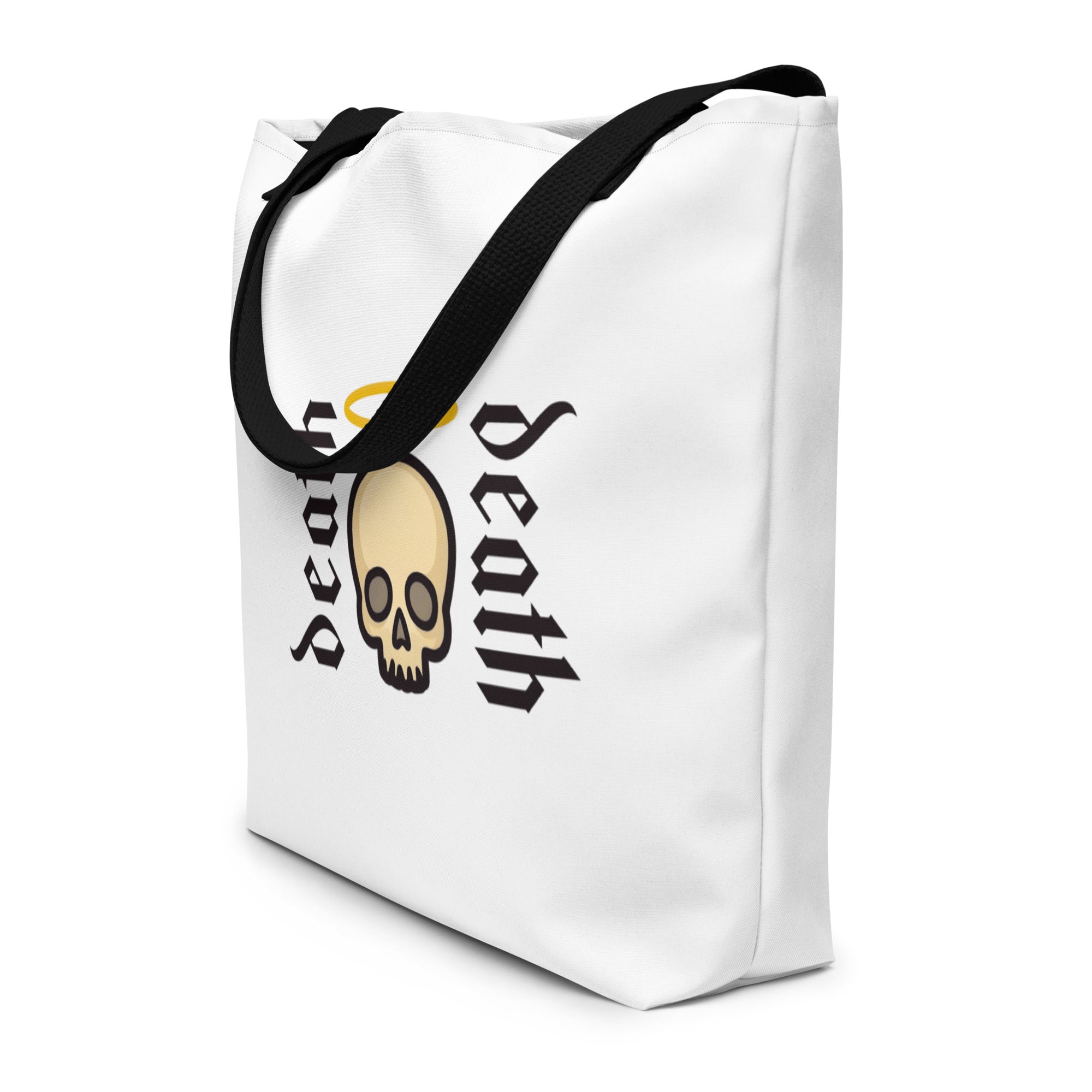 Daily Death Signature Tote Bag in White — front view, Christian gothic streetwear by Daily Death Gospel Apparel