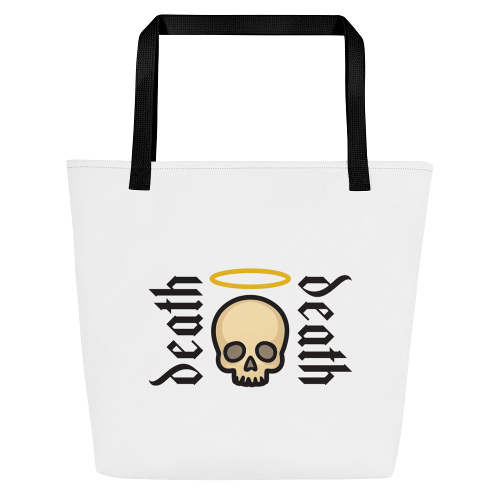 Daily Death Signature Tote Bag in White — graphic front view, Christian gothic streetwear by Daily Death Gospel Apparel
