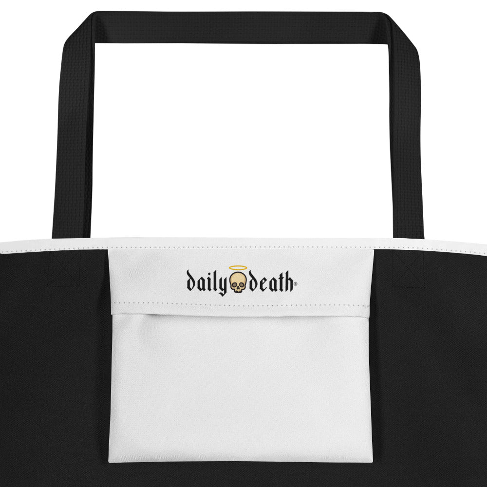 Daily Death Signature Tote Bag in White — inside pocket detail, Christian gothic streetwear by Daily Death Gospel Apparel