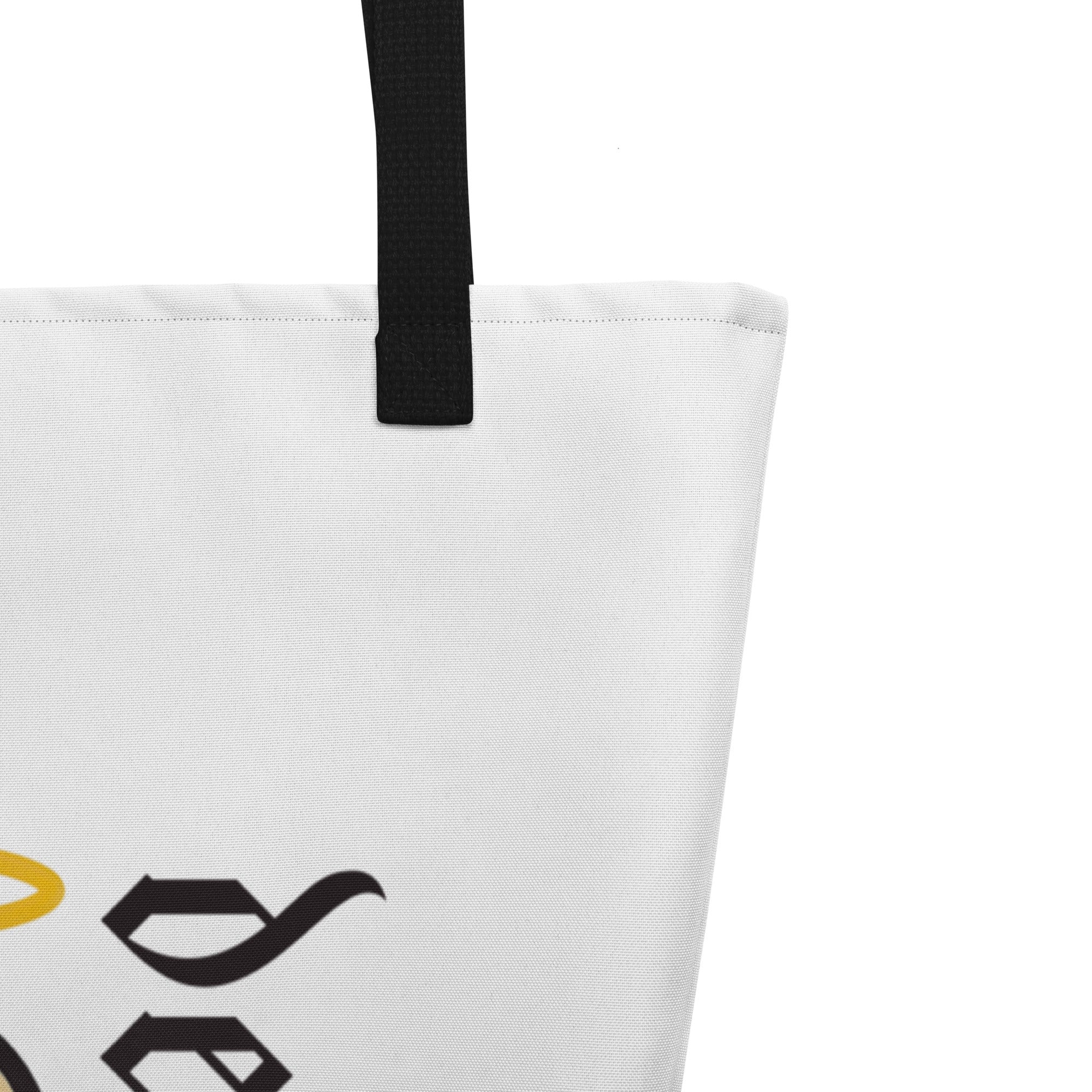 Daily Death Signature Tote Bag in White — logo detail view, Christian gothic streetwear by Daily Death Gospel Apparel