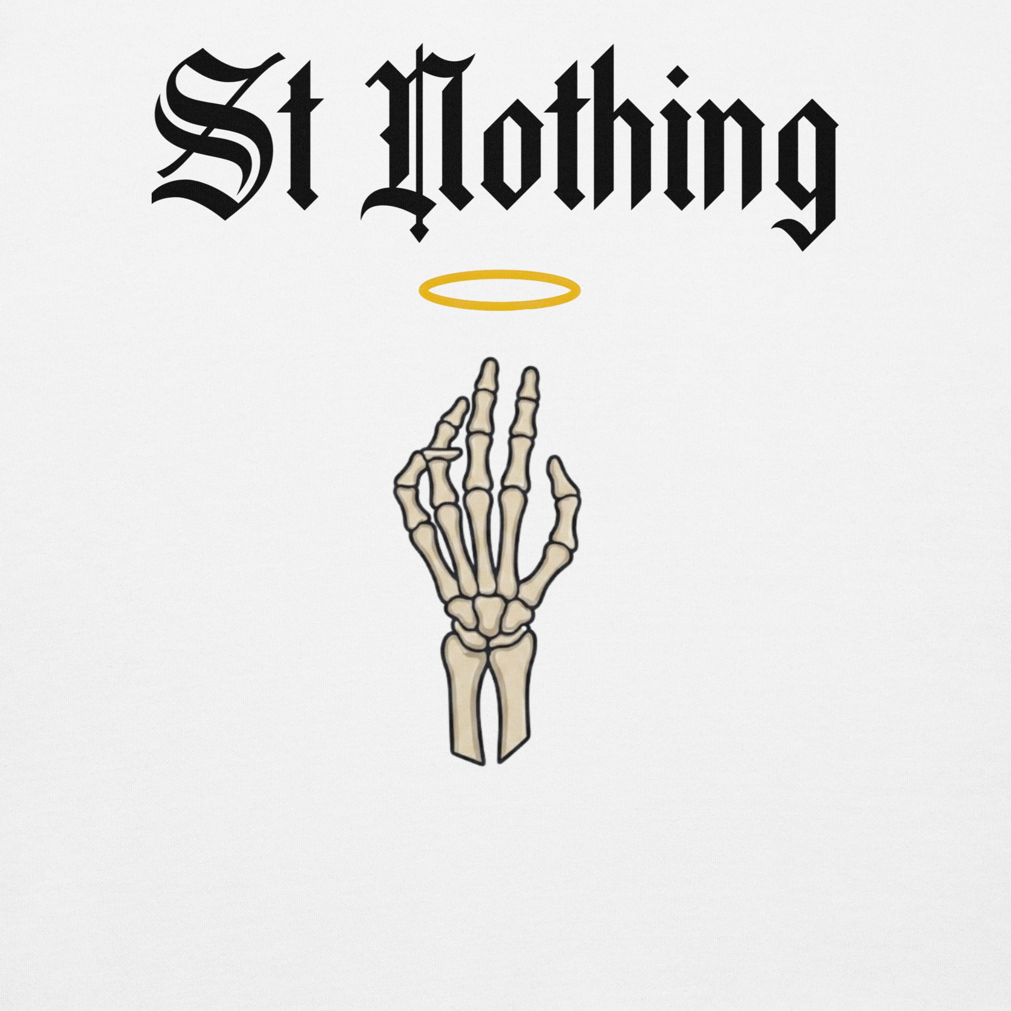 Daily Death St. Nothing Hoodie — graphic design close-up with skeleton hand and halo, Christian gothic streetwear by Daily Death Gospel Apparel
