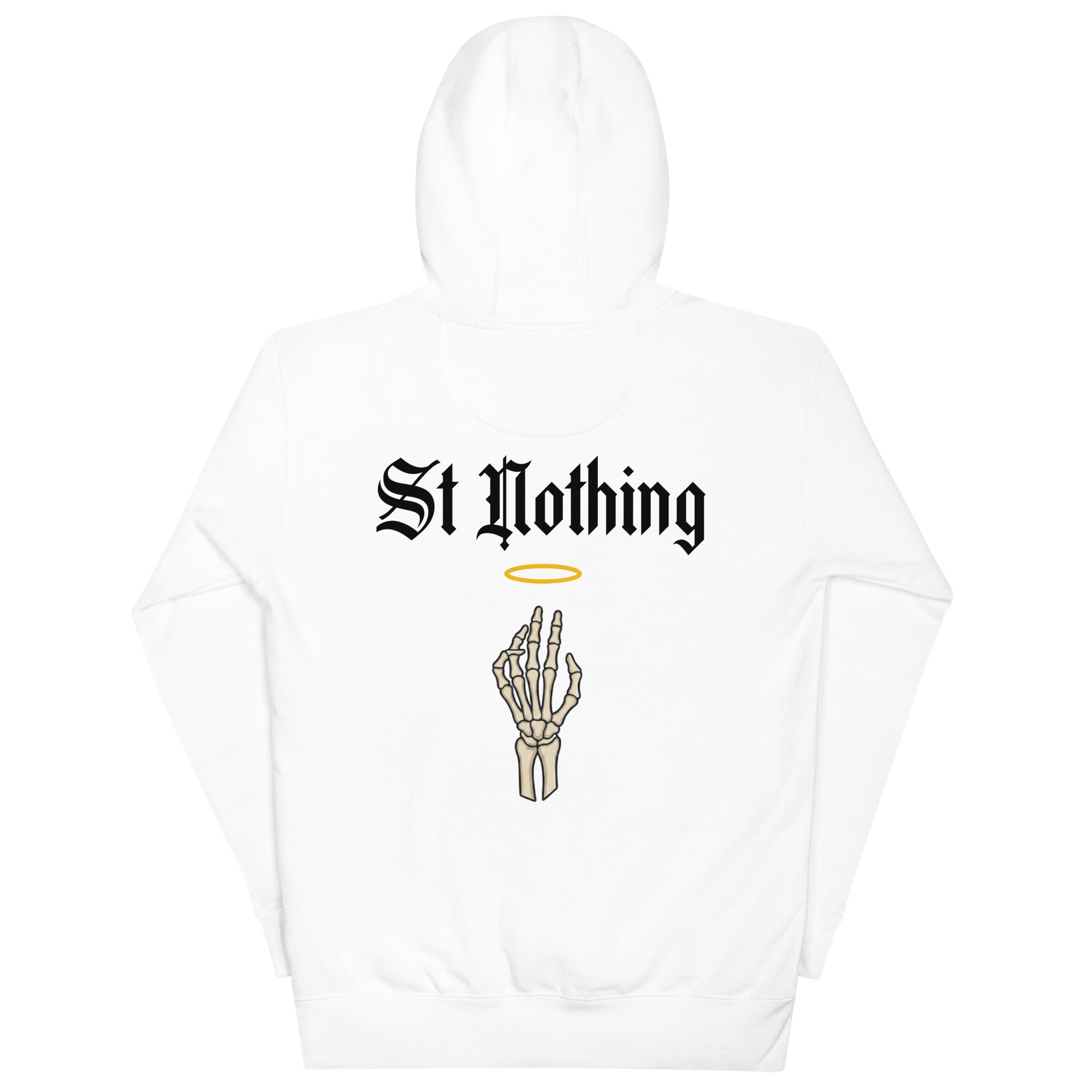 Daily Death St. Nothing Hoodie in White — back view with gothic "St Nothing" graphic, Christian gothic streetwear by Daily Death Gospel Apparel