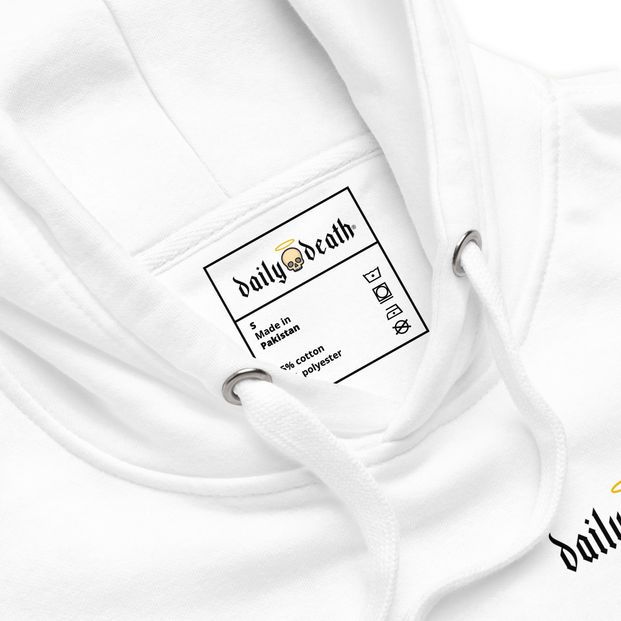 Daily Death St. Nothing Hoodie in White — brand label detail, Christian gothic streetwear by Daily Death Gospel Apparel