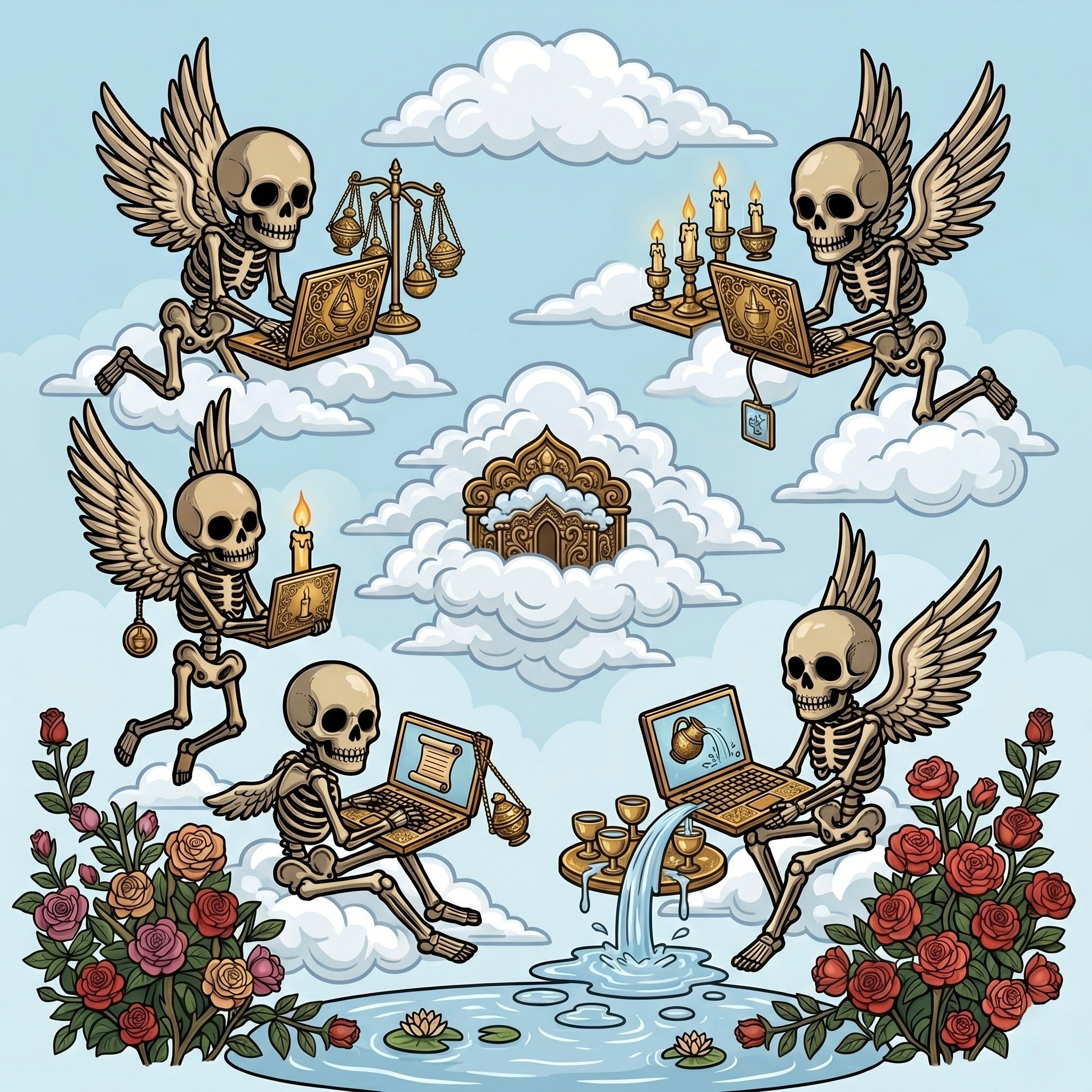 Winged skeleton angels with candles, scales of justice, and laptops among clouds and roses – Daily Death Gospel Apparel