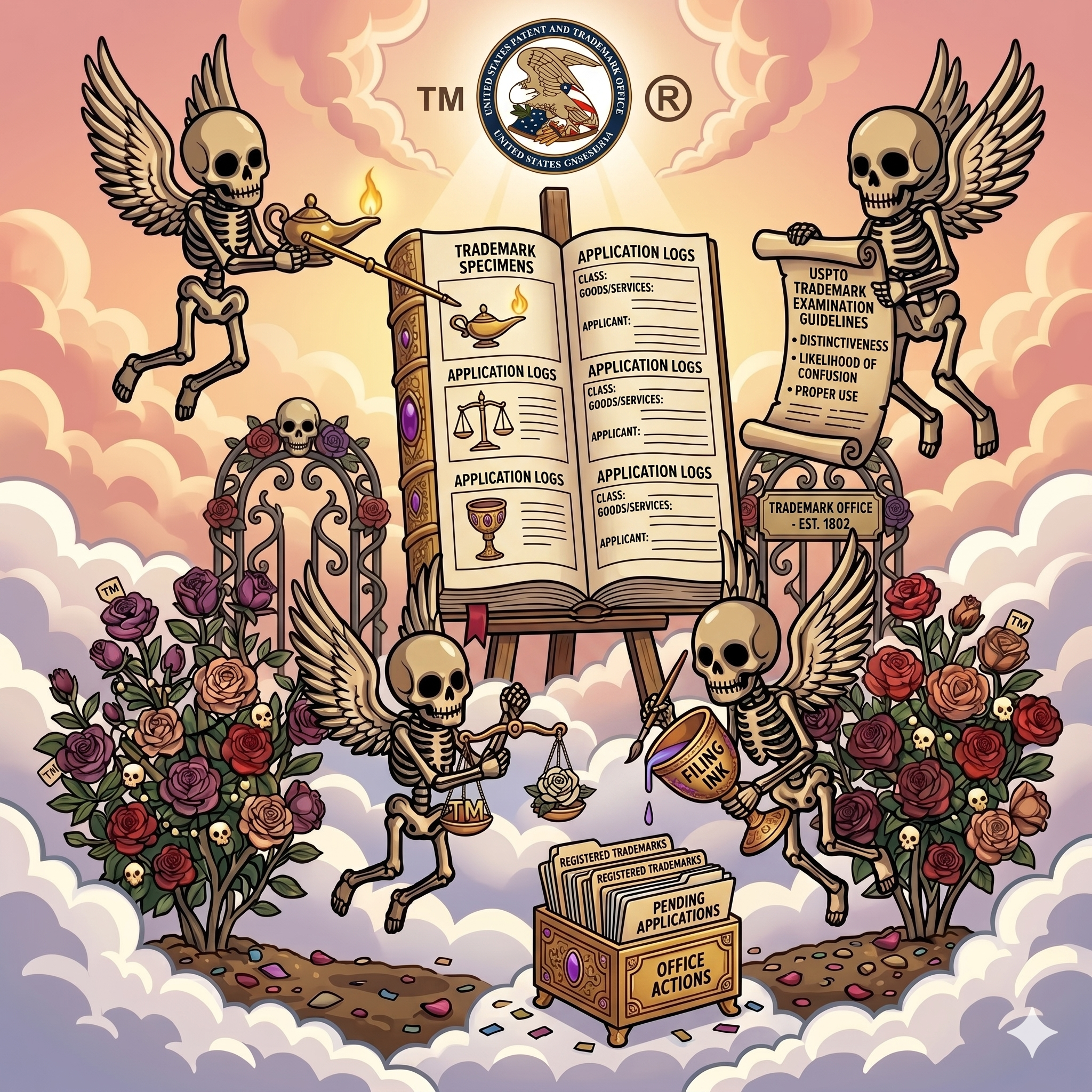 Winged skeleton angels around a glowing trademark application book with roses and clouds – Daily Death Gospel Apparel