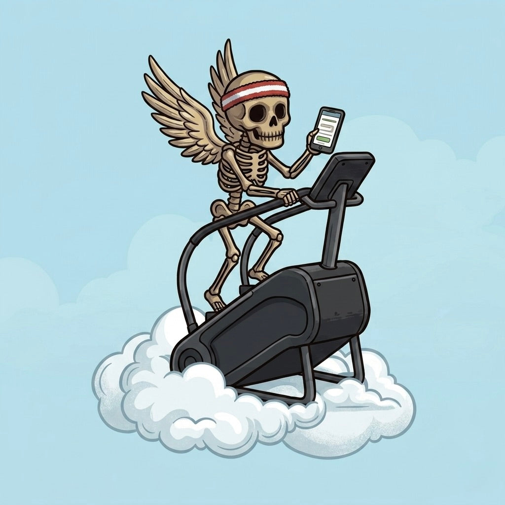 Winged skeleton angel exercising on a treadmill atop clouds with a smartphone – Daily Death Gospel Apparel