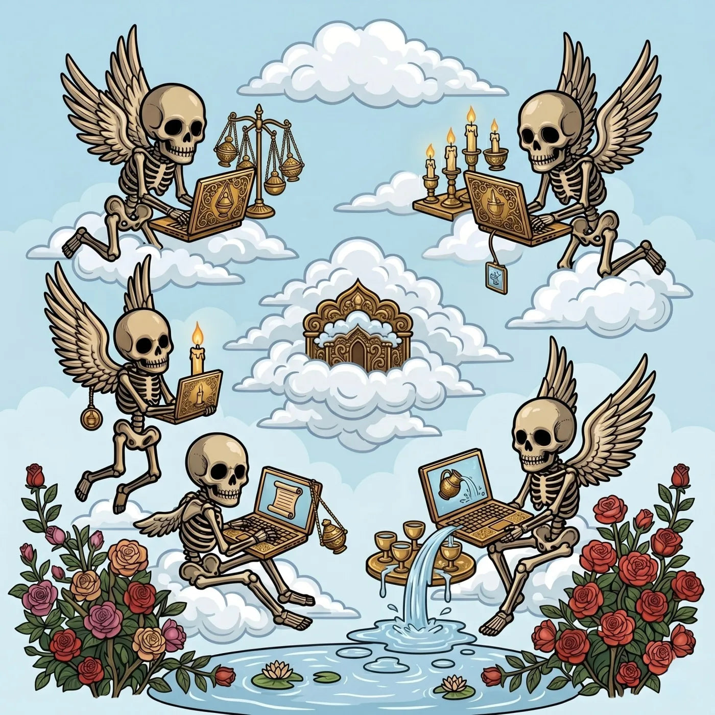 Winged skeleton angels working among candles, scales, laptops, and roses