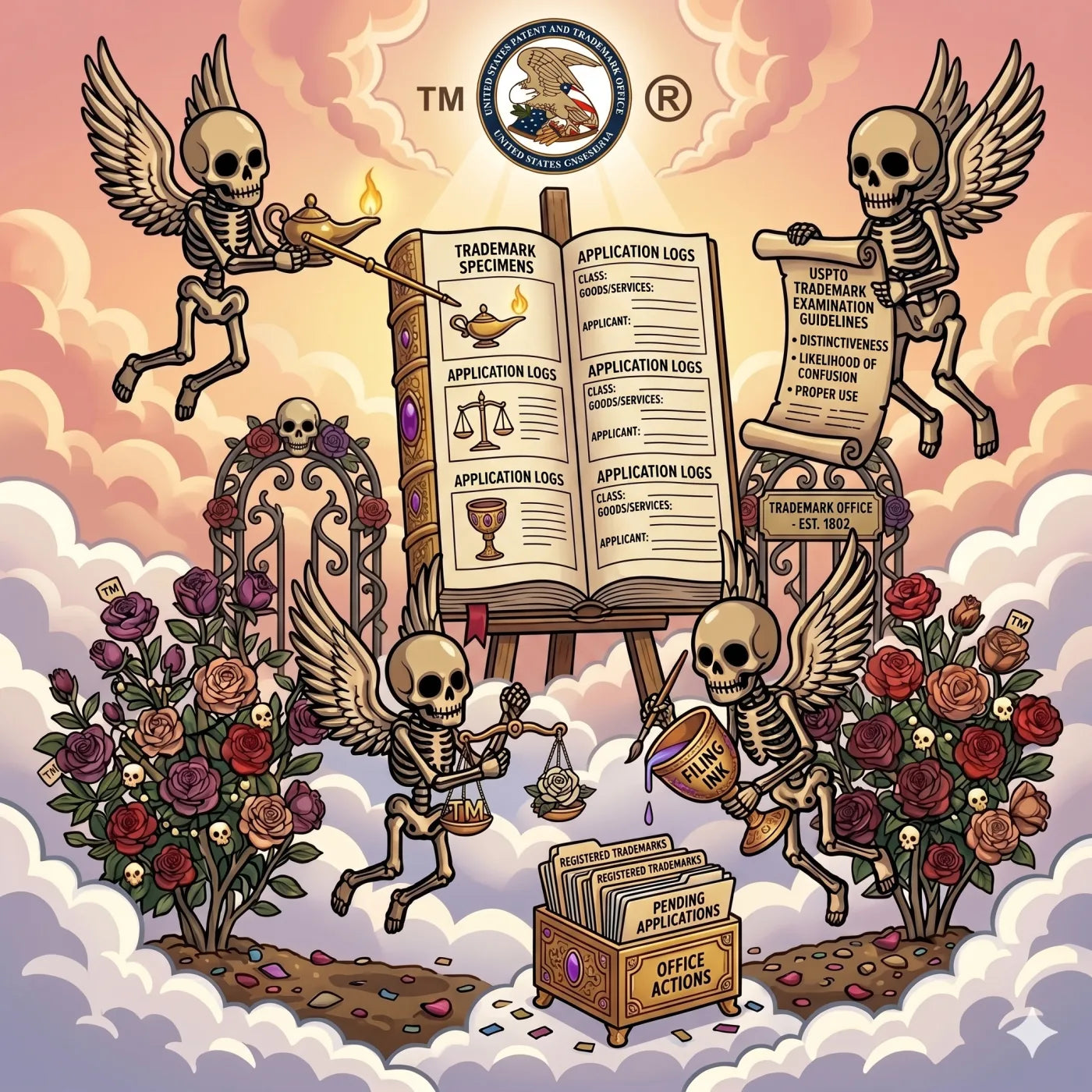 Winged skeleton angels gathered around a trademark book in the clouds